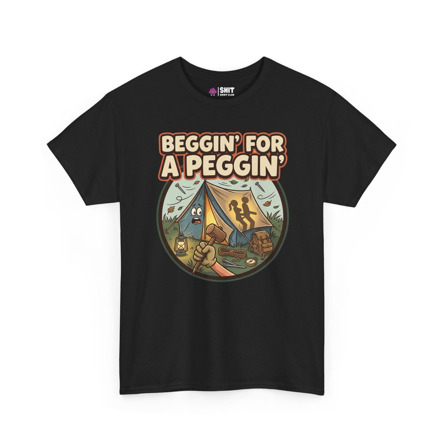 The Beggin' for a Peggin' Camping Tee features a cartoon raccoon with camping gear and bold text, making it a hilarious gift or funny festival shirt for friends who love unique, cheeky styles.