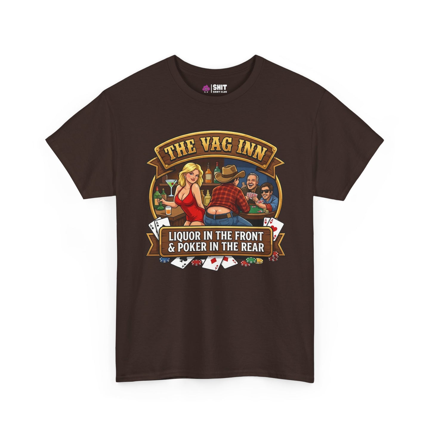 The Vag Inn Stag Do Tee is a dark brown shirt with a colorful bar scene, “THE VAG INN” above, and “LIQUOR IN THE FRONT & POKER IN THE REAR” below—a hilarious choice for any stag party.