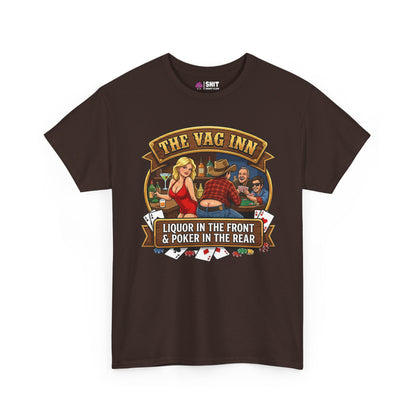 The Vag Inn Stag Do Tee is a dark brown shirt with a colorful bar scene, “THE VAG INN” above, and “LIQUOR IN THE FRONT & POKER IN THE REAR” below—a hilarious choice for any stag party.