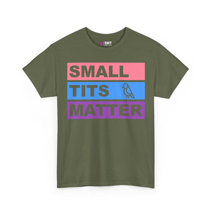 Olive green Small Tits Matter Tee with bold pink, blue, and purple block text—ideal for women’s hen parties. Includes a small bird illustration next to the word "TITS.