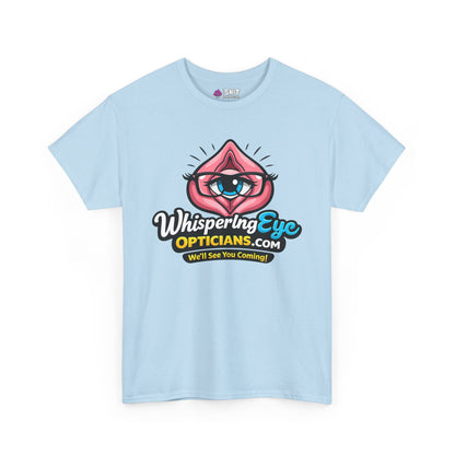 The Whispering Eye Opticians Logo Tee (We'll See You Coming!) features a cartoon eye in pink lips—perfect for stag dos and fans of bold, cheeky style.