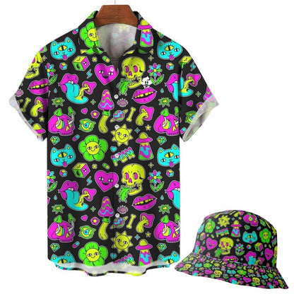 The Black Out Mushroom Shirt is a short-sleeve button-up with a matching bucket hat, both featuring a colorful festival pattern of skulls, flowers, mushrooms, hearts, stars, and cartoon faces.