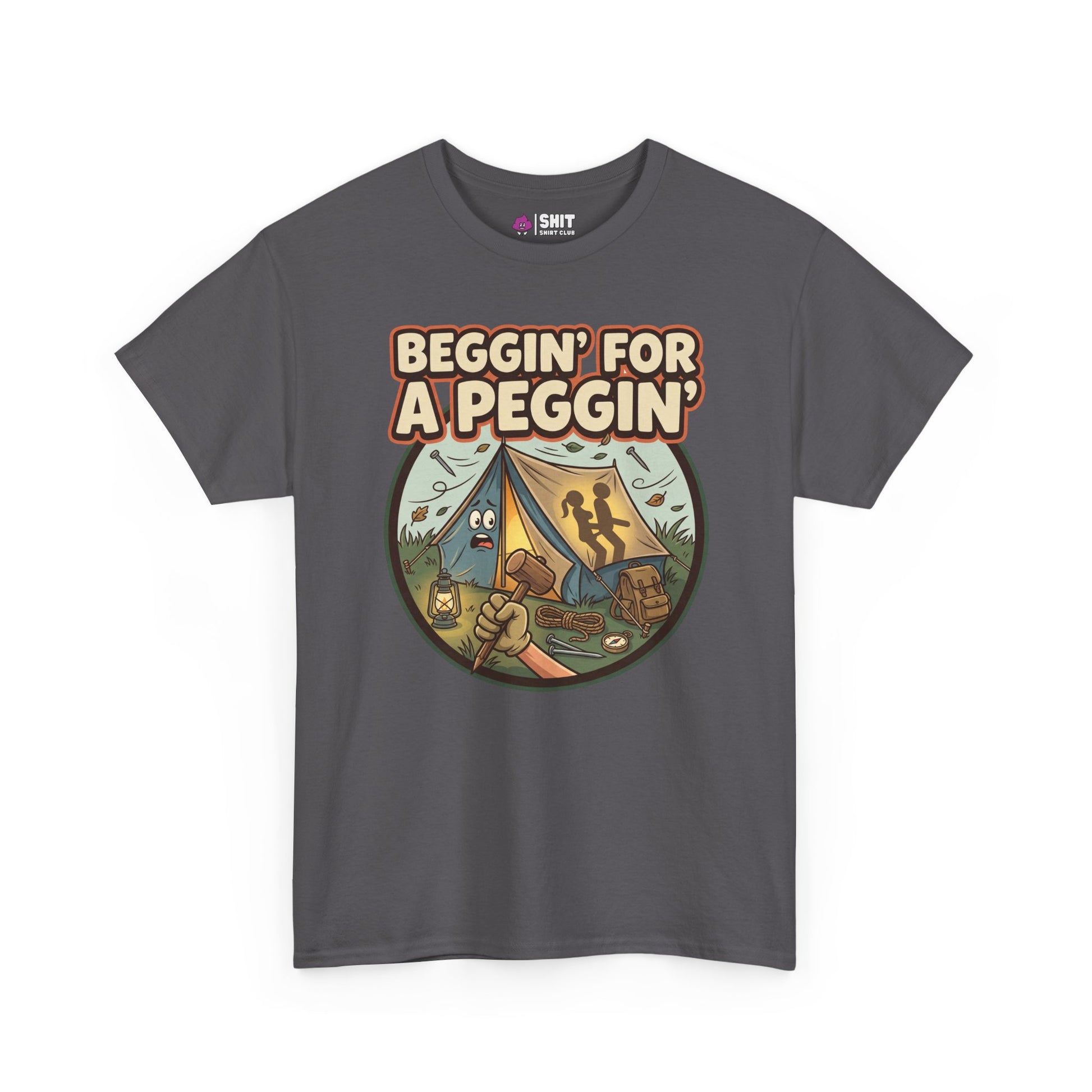 The Beggin' for a Peggin' Camping Tee is a gray shirt featuring playful cartoon art of a tent, campfire, and two silhouettes with cheeky text—ideal as a funny festival shirt or rude camping gift.