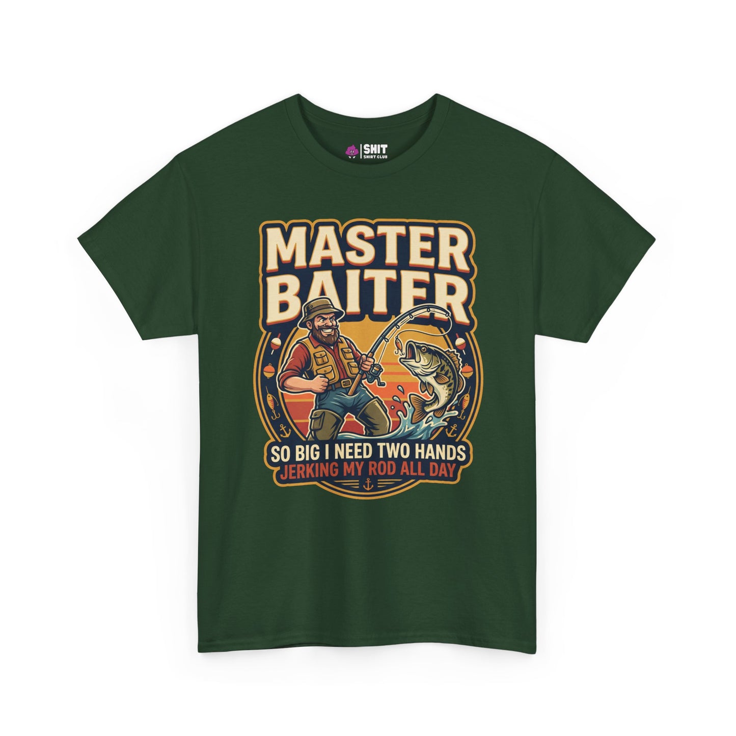 The Master Baiter Rude Fishing Tee is a green shirt showing a cartoon man fishing with a big fish and bold text: MASTER BAITER and SO BIG I NEED TWO HANDS JERKING MY ROD ALL DAY—ideal for fans of funny, rude fishing t-shirts.