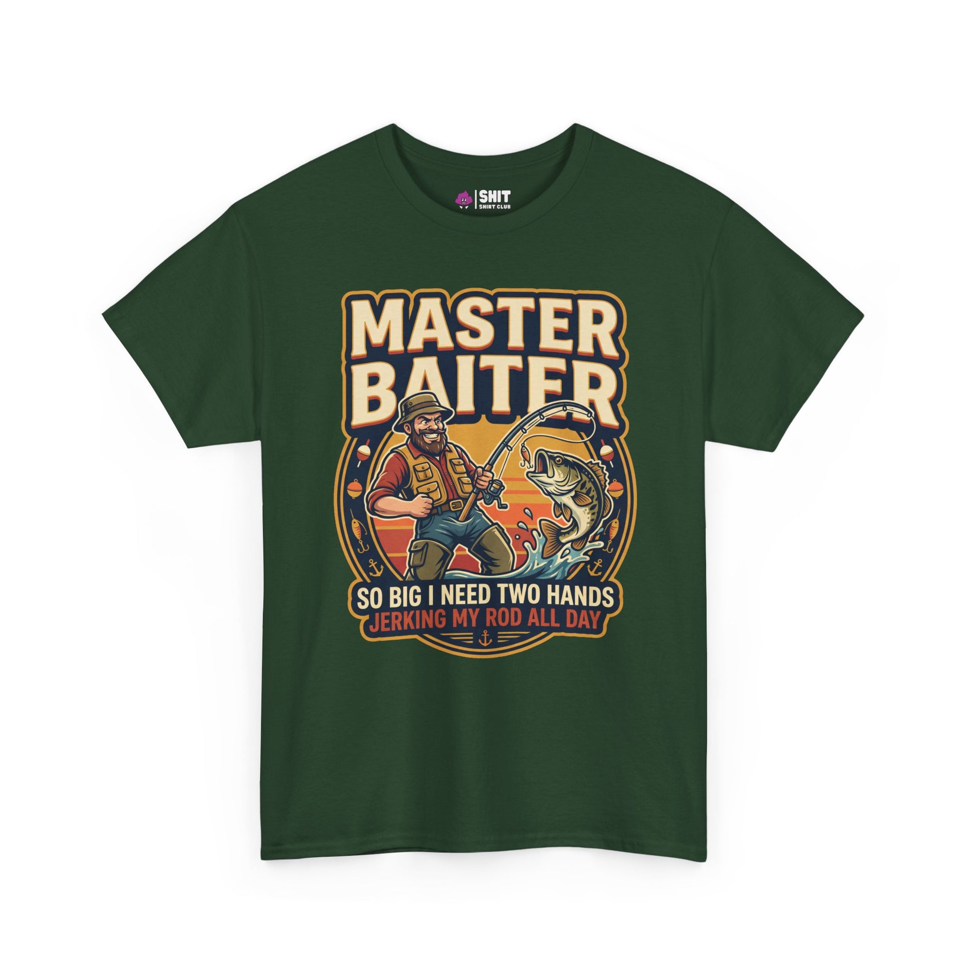 The Master Baiter Rude Fishing Tee is a green shirt showing a cartoon man fishing with a big fish and bold text: MASTER BAITER and SO BIG I NEED TWO HANDS JERKING MY ROD ALL DAY—ideal for fans of funny, rude fishing t-shirts.