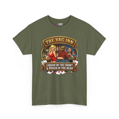 The Vag Inn Stag Do Tee is an olive green shirt with a bar scene and playful "Liquor in the Front & Poker in the Rear" slogan—perfect as a funny stag party or stag do t-shirt.