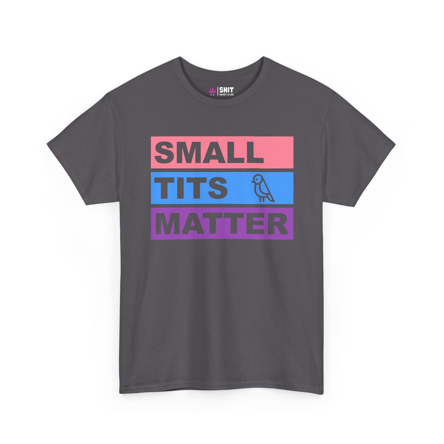 The "Small Tits Matter" Tee is a dark gray women's shirt with bold SMALL TITS MATTER text in pink, blue, and purple blocks, plus line art of a bird on the blue block—a perfect statement tee for empowerment.