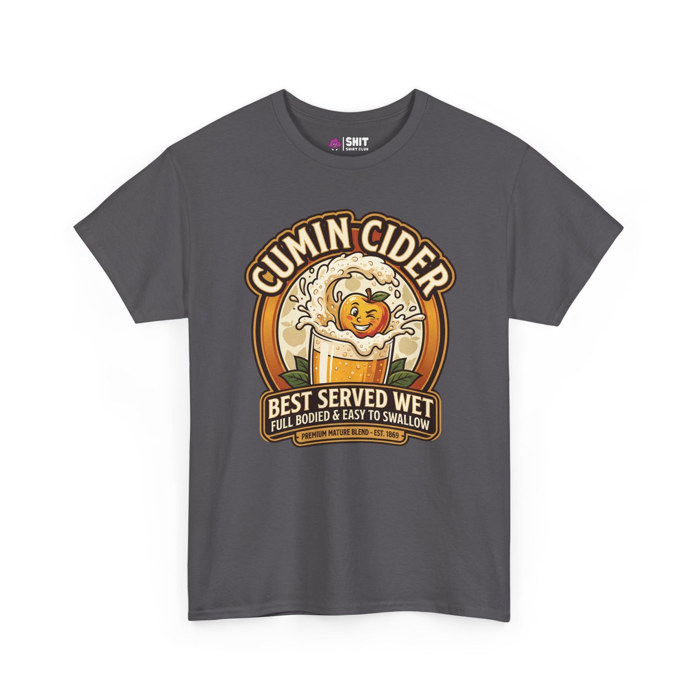 The Cumin Cider Stag Do Tee is a dark gray shirt with a cartoon apple splashing into cider and the slogan "Best Served Wet, Full Bodied & Easy to Swallow"—a funny gift for stag dos or any cider fan.