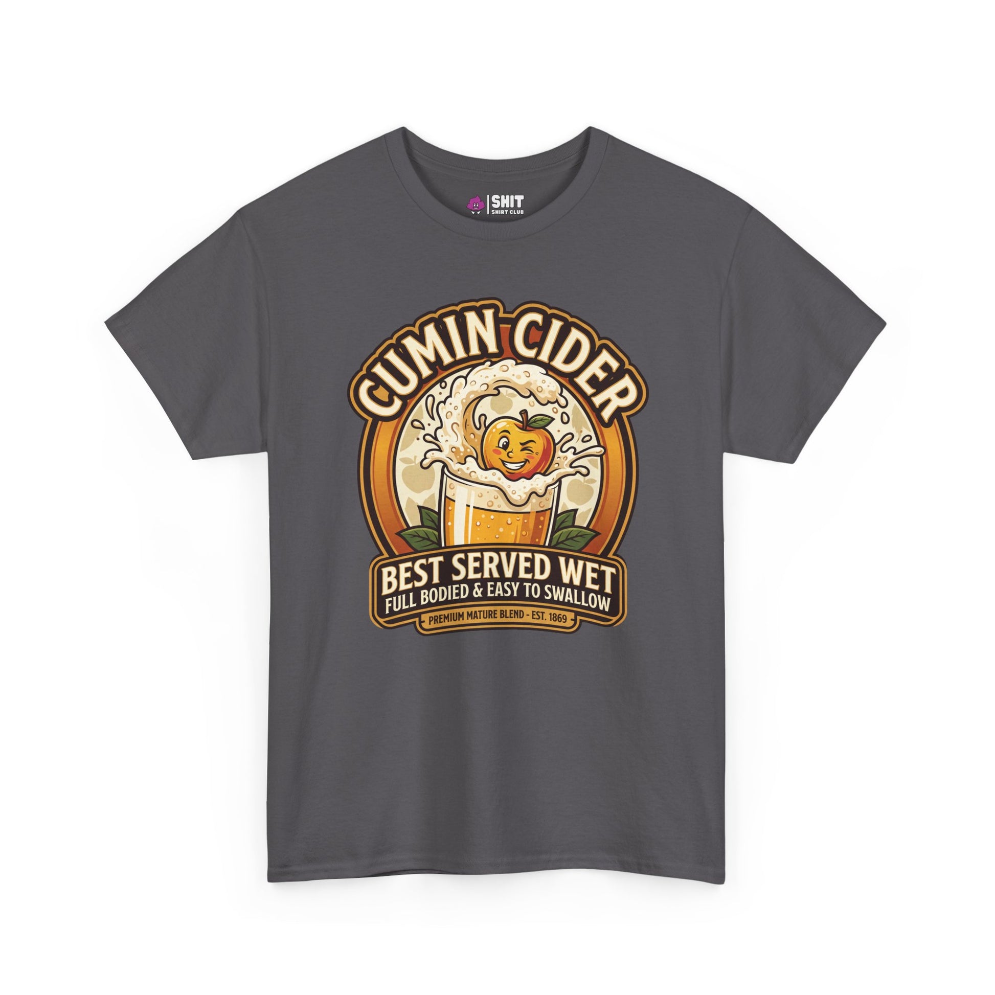 The Cumin Cider Stag Do Tee is a dark gray shirt with a cartoon apple splashing into cider and the slogan "Best Served Wet, Full Bodied & Easy to Swallow"—a funny gift for stag dos or any cider fan.