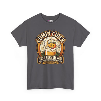 The Cumin Cider Stag Do Tee is a dark gray shirt with a cartoon apple splashing into cider and the slogan "Best Served Wet, Full Bodied & Easy to Swallow"—a funny gift for stag dos or any cider fan.
