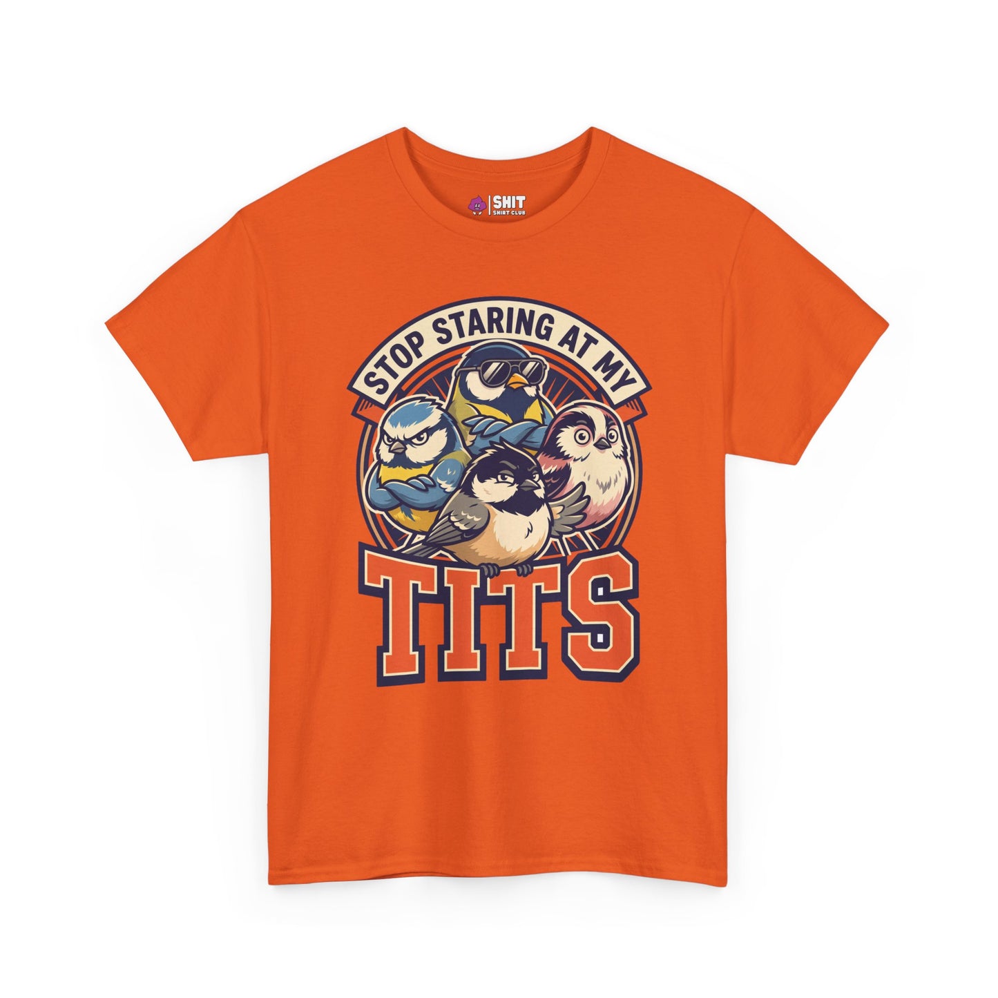 The “Stop Staring at My Tits” Stag Do Tee is an orange shirt with bold text and bird illustrations—ideal for a funny stag party outfit or as a unique gift for the groom.