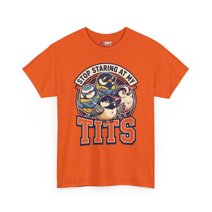 The “Stop Staring at My Tits” Stag Do Tee is an orange shirt with bold text and bird illustrations—ideal for a funny stag party outfit or as a unique gift for the groom.