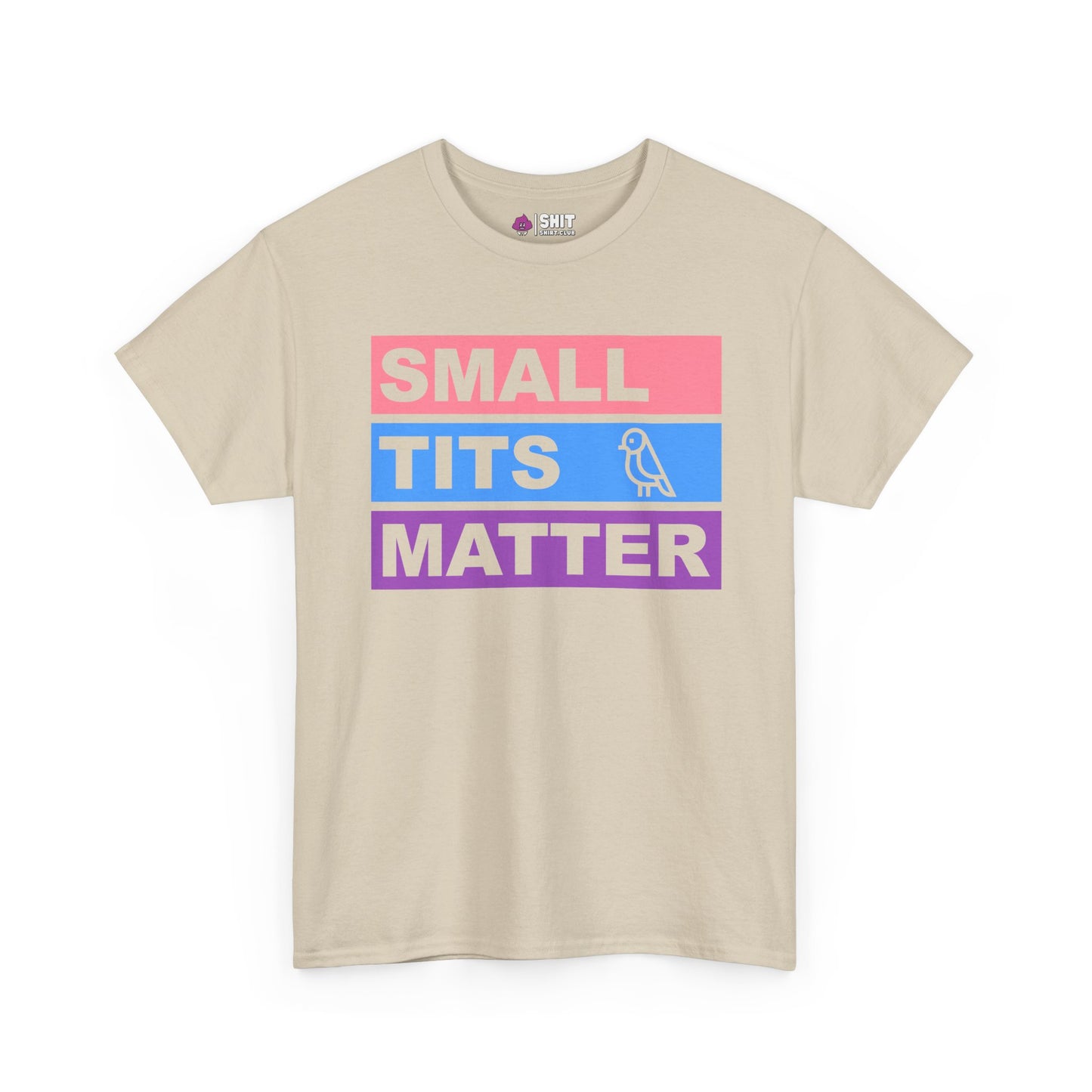 The "Small Tits Matter" Tee is a beige hen party shirt featuring bold blocks: SMALL (pink), TITS (blue with bird icon), and MATTER (purple). Add fun to your celebration with this humorous hen do t-shirt!.