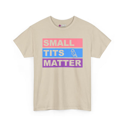 The "Small Tits Matter" Tee is a beige hen party shirt featuring bold blocks: SMALL (pink), TITS (blue with bird icon), and MATTER (purple). Add fun to your celebration with this humorous hen do t-shirt!.
