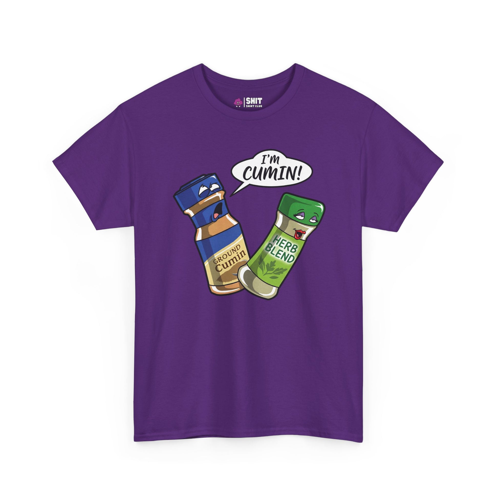 The "I’m Cumin!" Stag Do Tee features a purple t-shirt with cartoon spice jars—one labeled Ground Cumin saying I’m Cumin! and another Herb Blend looking surprised—perfect as a funny novelty stag party shirt.
