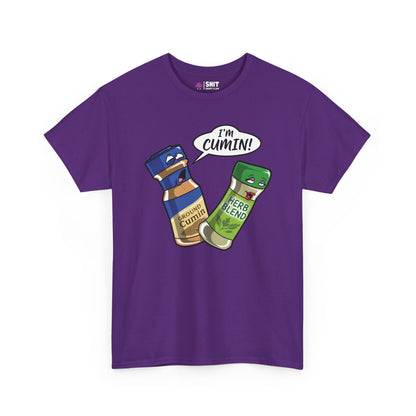 The "I’m Cumin!" Stag Do Tee features a purple t-shirt with cartoon spice jars—one labeled Ground Cumin saying I’m Cumin! and another Herb Blend looking surprised—perfect as a funny novelty stag party shirt.