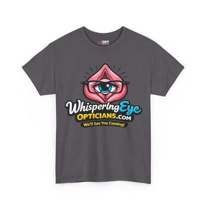 The Whispering Eye Opticians Logo Tee (We'll See You Coming!) is a dark gray stag do T-shirt with a cartoon eye in pink lips above the slogan "Whispering Eye Opticians.com – We’ll See You Coming!" in playful, colorful fonts.