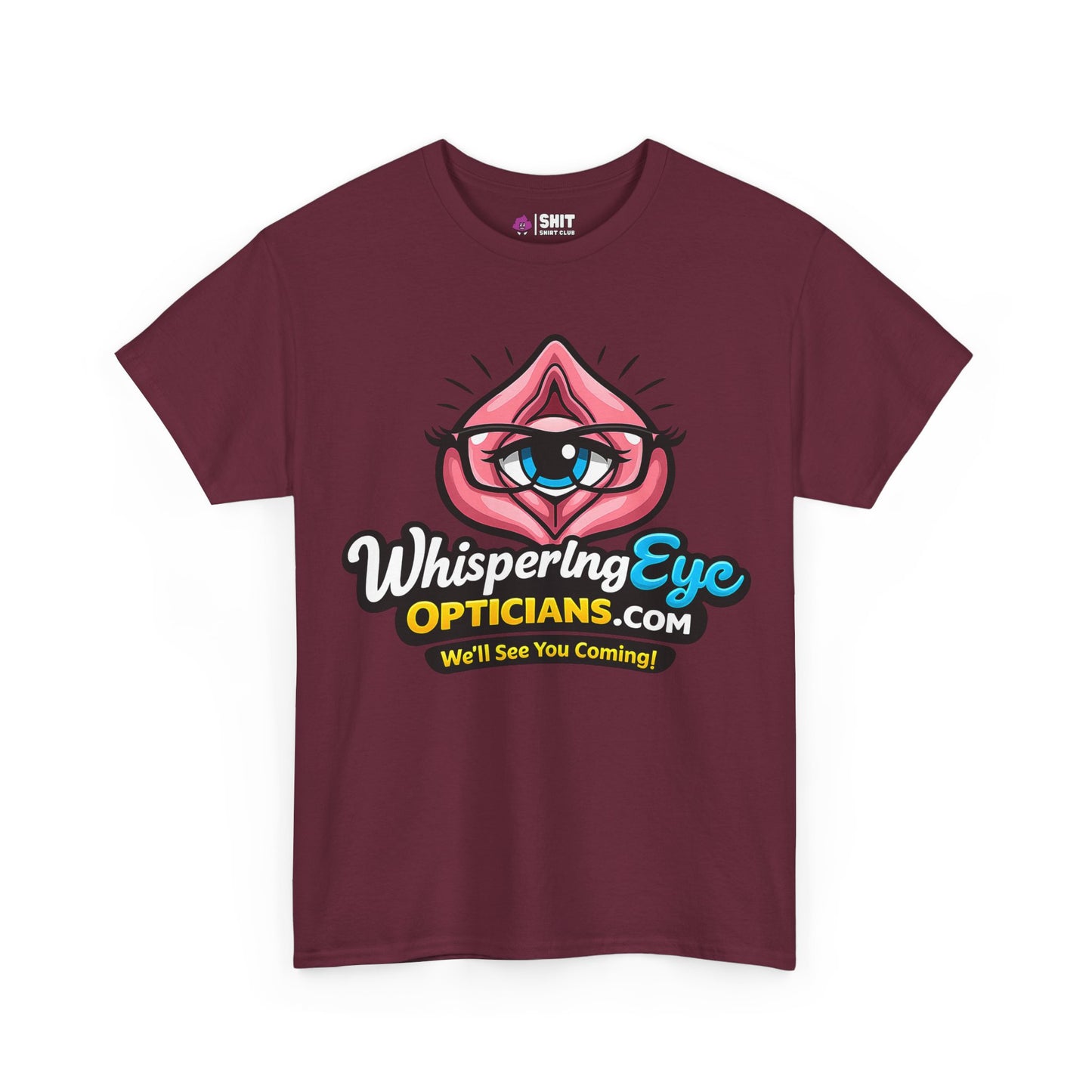 The Whispering Eye Opticians Logo Tee (We'll See You Coming!) is a maroon stag do t-shirt with a quirky graphic logo—bold, cheeky, and perfect for making a statement on your night out.