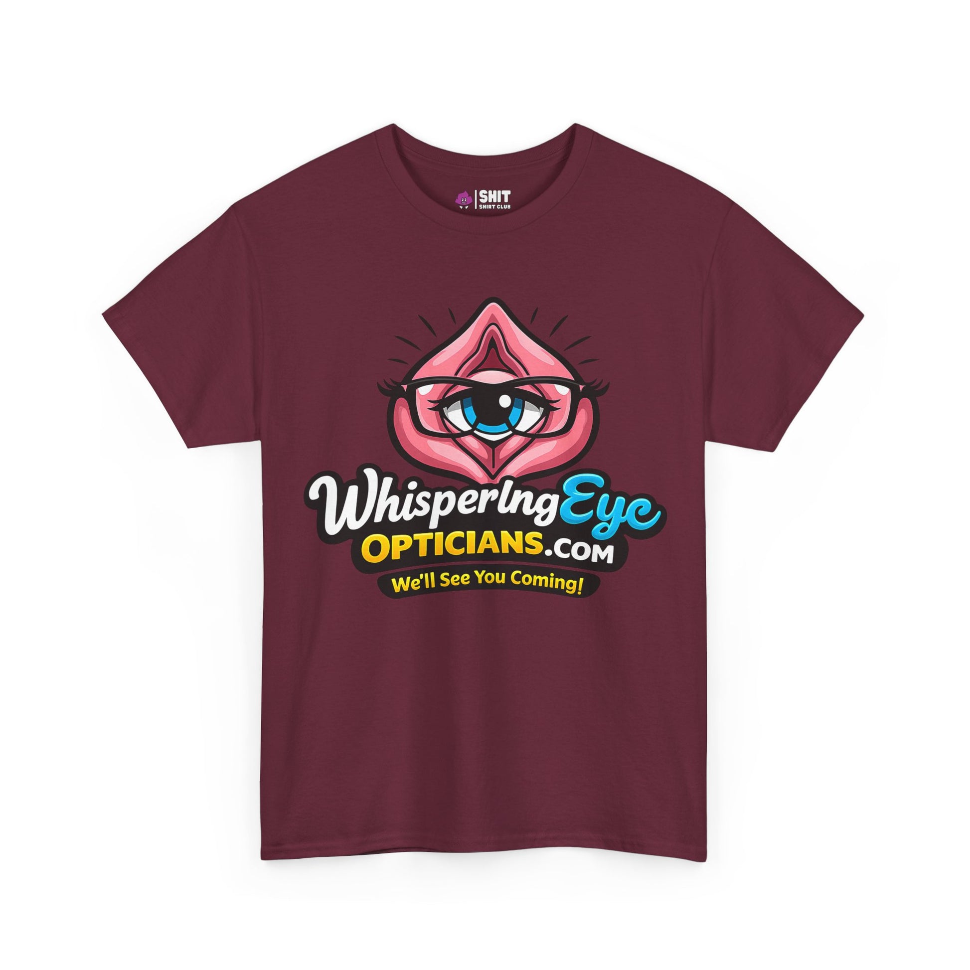The Whispering Eye Opticians Logo Tee (We'll See You Coming!) is a maroon stag do t-shirt with a quirky graphic logo—bold, cheeky, and perfect for making a statement on your night out.