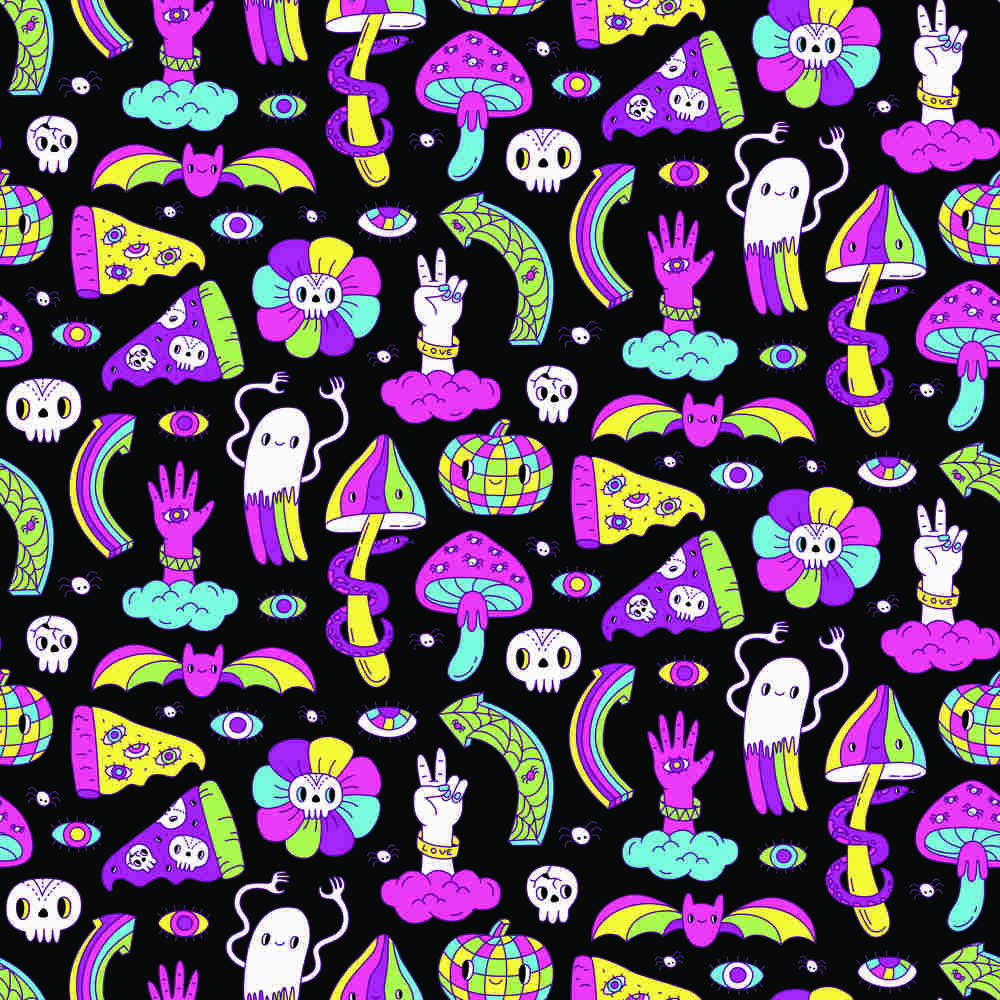 The Shroom Bucket Hat features a seamless pattern of neon mushrooms, ghosts, pizza, disco balls, and more on black—perfect for psychedelic festival style.