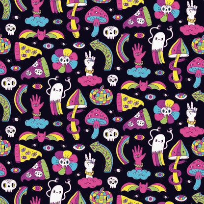 The Shroom Bucket Hat features a seamless pattern of neon mushrooms, ghosts, pizza, disco balls, and more on black—perfect for psychedelic festival style.