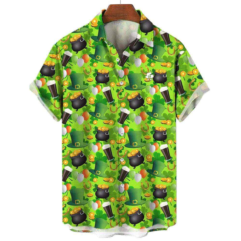 The St Patricks Day Shirt is a green short-sleeve button-up featuring shamrocks, leprechaun hats, gold coins, rainbows, and pots of gold. Displayed on a wooden hanger, this festive Irish shirt is perfect for St. Paddy’s celebrations.