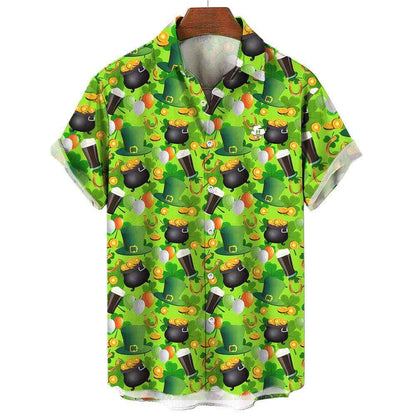 The St Patricks Day Shirt is a green short-sleeve button-up featuring shamrocks, leprechaun hats, gold coins, rainbows, and pots of gold. Displayed on a wooden hanger, this festive Irish shirt is perfect for St. Paddy’s celebrations.