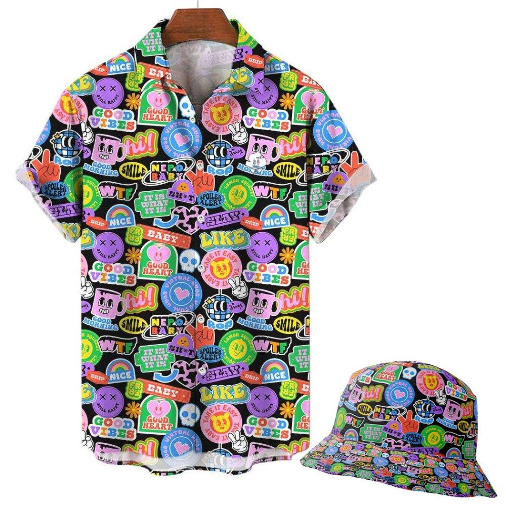 The Retro Sticker Shirt is a short-sleeved button-up with a white background featuring colorful cartoon words like LIKE, GOOD, SMILE, plus emojis, stars, hearts, and playful icons—nostalgic style perfect for fun looks.