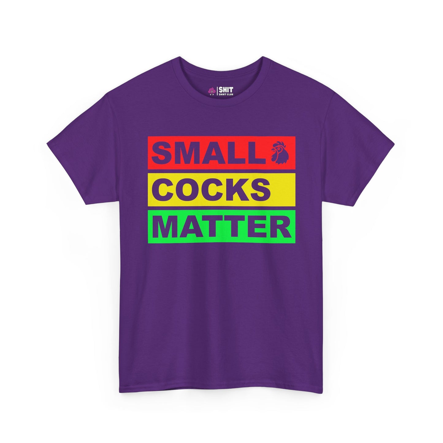 The Small Cocks Matter Stag Do Tee in purple features bold red, yellow, and green text with a small rooster by "SMALL." A fun stag do pick and body confidence shirt for those who celebrate pride.