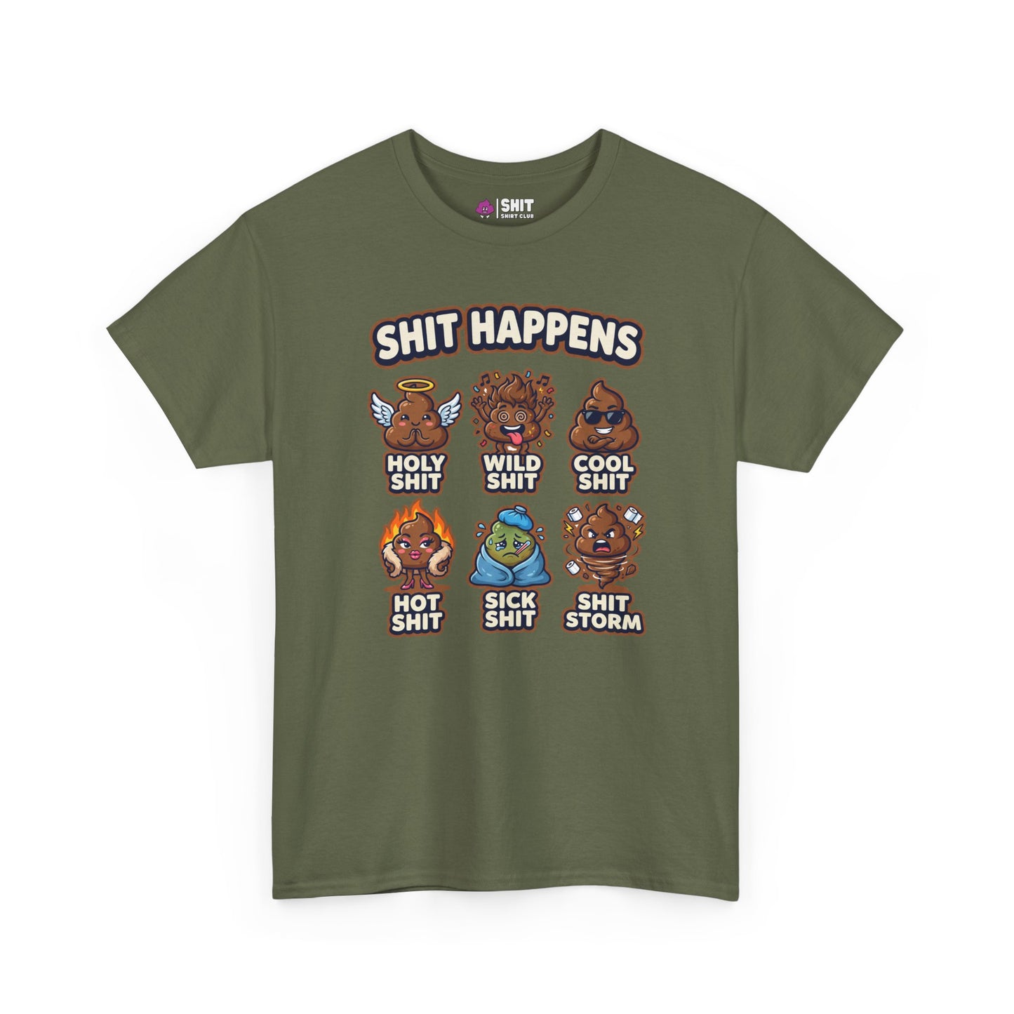 The Shit Happens Stag Do Tee is an olive green shirt with cartoon poop and “SHIT HAPPENS” plus funny labels: Holy Shit, Wild Shit, Cool Shit, Hot Shit, Sick Shit & Shit Storm—a hilarious choice for any stag do!.