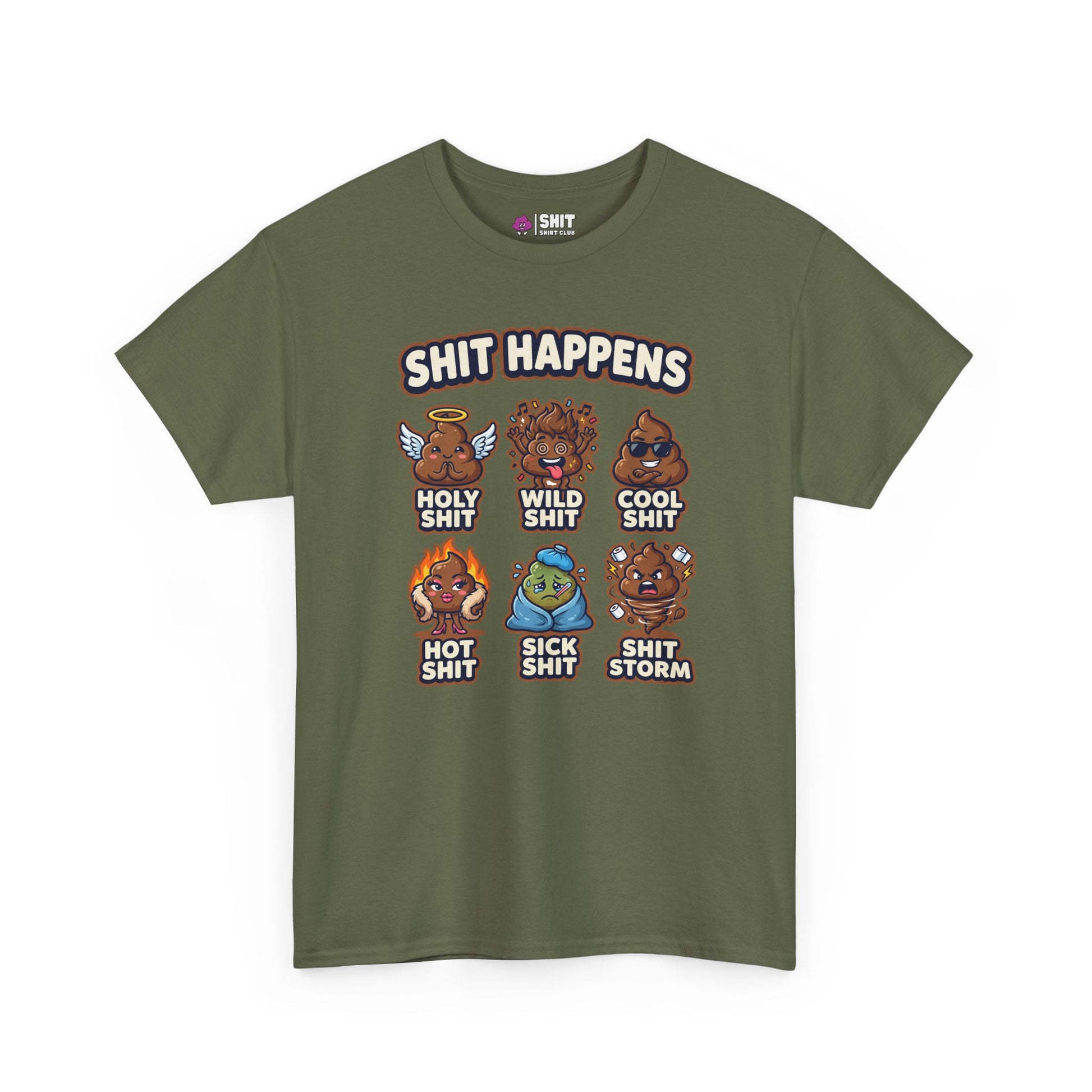 The Shit Happens Stag Do Tee is an olive green shirt with cartoon poop and “SHIT HAPPENS” plus funny labels: Holy Shit, Wild Shit, Cool Shit, Hot Shit, Sick Shit & Shit Storm—a hilarious choice for any stag do!.