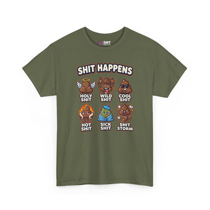 The Shit Happens Stag Do Tee is an olive green shirt with cartoon poop and “SHIT HAPPENS” plus funny labels: Holy Shit, Wild Shit, Cool Shit, Hot Shit, Sick Shit & Shit Storm—a hilarious choice for any stag do!.