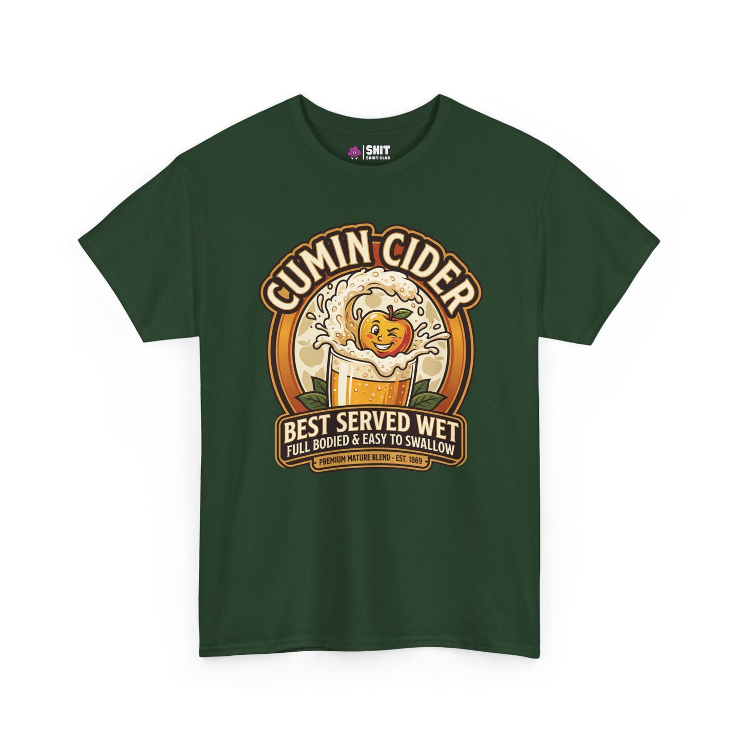 The Cumin Cider Stag Do Tee is a dark green shirt with an anthropomorphic apple splashing in cider and the text “Cumin Cider: Best Served Wet, Full Bodied & Easy to Swallow.” Perfect as a funny stag do shirt.