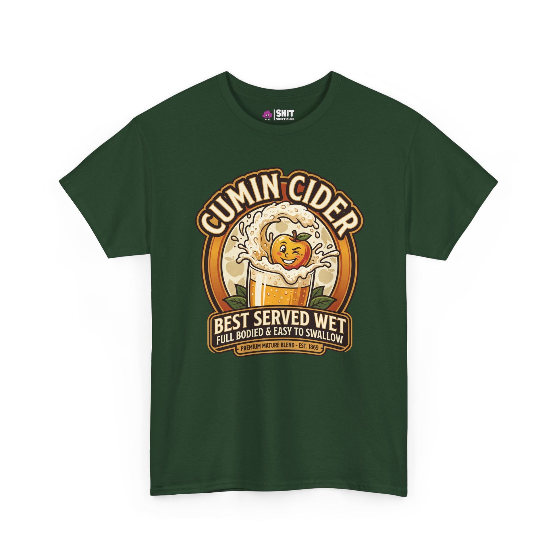 The Cumin Cider Stag Do Tee is a dark green shirt with an anthropomorphic apple splashing in cider and the text “Cumin Cider: Best Served Wet, Full Bodied & Easy to Swallow.” Perfect as a funny stag do shirt.