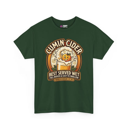 The Cumin Cider Stag Do Tee is a dark green shirt with an anthropomorphic apple splashing in cider and the text “Cumin Cider: Best Served Wet, Full Bodied & Easy to Swallow.” Perfect as a funny stag do shirt.
