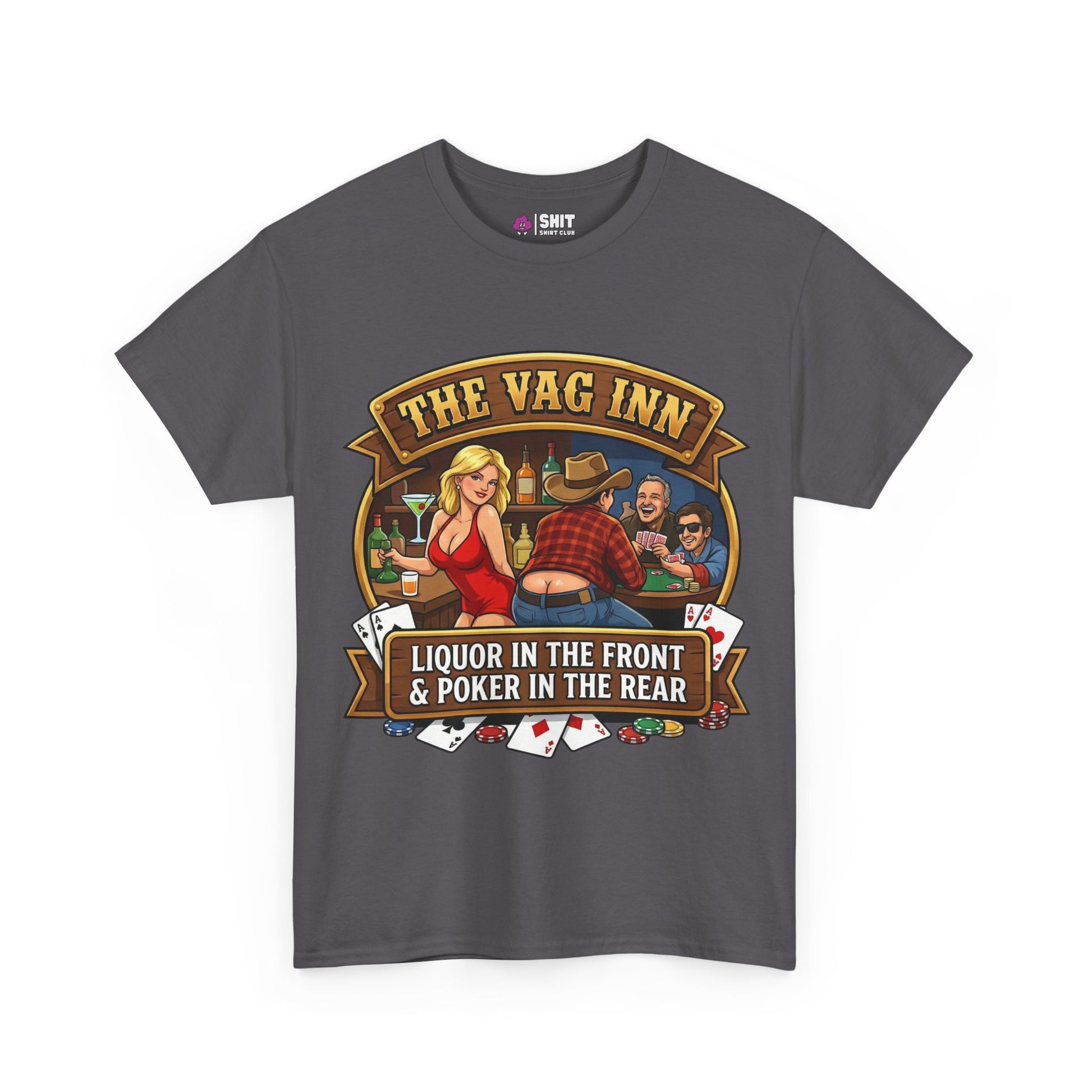 The Vag Inn "Liquor in the Front & Poker in the Rear" Tee is a gray stag party shirt featuring people playing poker at a bar and the text: “THE VAG INN. LIQUOR IN THE FRONT & POKER IN THE REAR.” Great for any stag do collection.