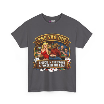 The Vag Inn "Liquor in the Front & Poker in the Rear" Tee is a gray stag party shirt featuring people playing poker at a bar and the text: “THE VAG INN. LIQUOR IN THE FRONT & POKER IN THE REAR.” Great for any stag do collection.