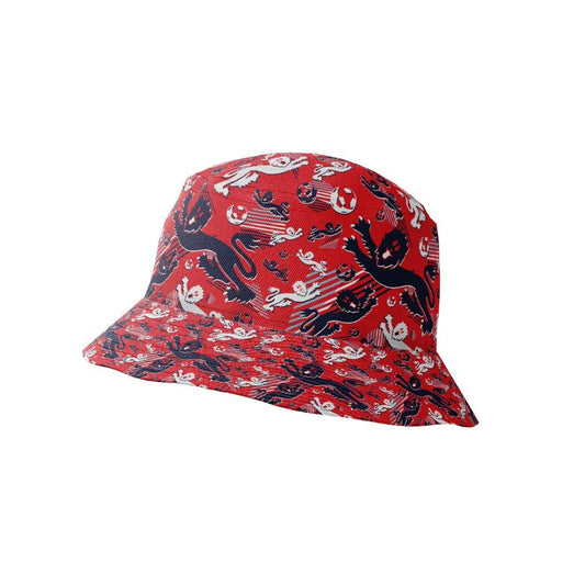The Red England FC Away Bucket Hat features playful black and white cat illustrations, paw prints, and yarn balls on a red background, displayed against a plain white backdrop.