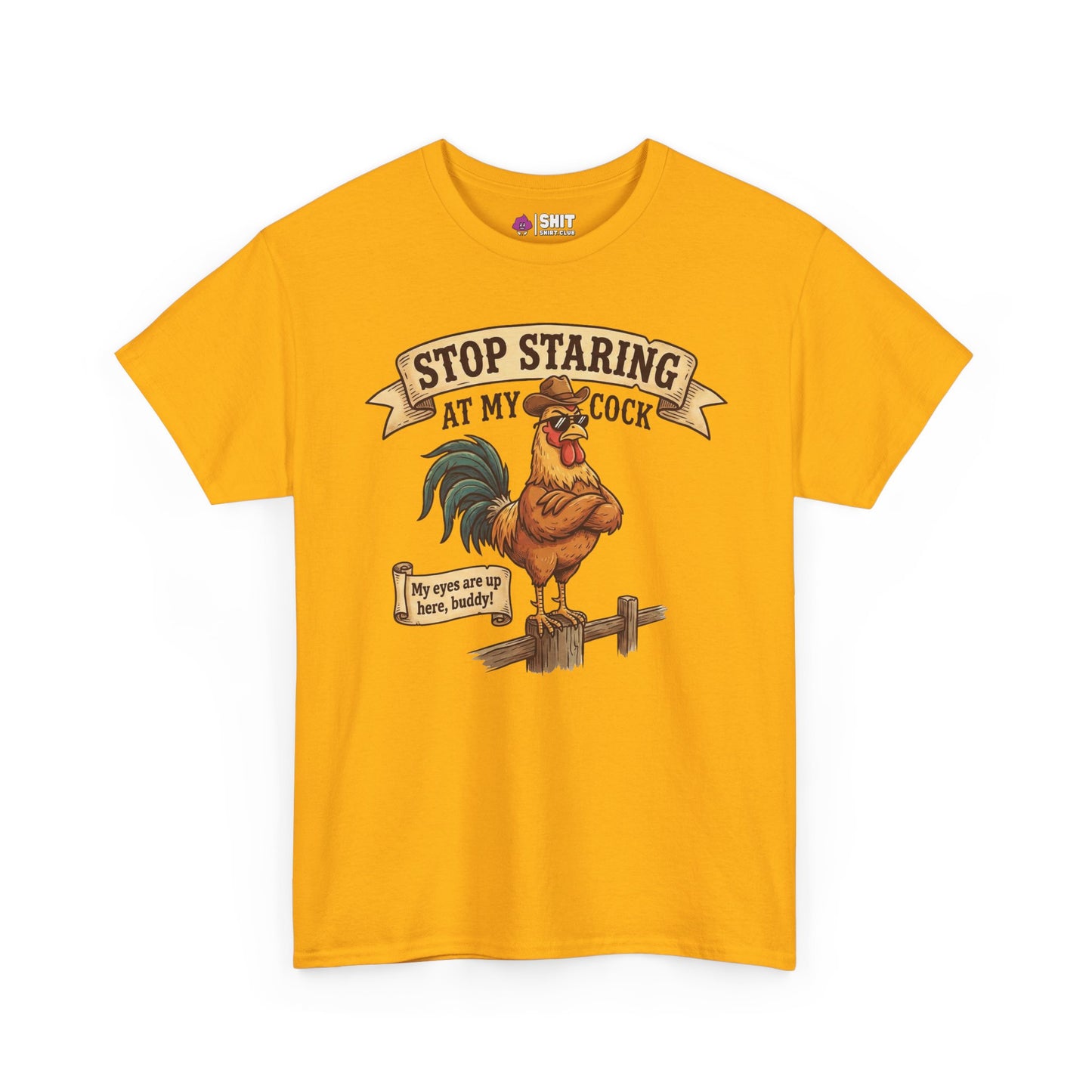 The Stop Staring at My Cock Stag Do Tee features a playful rooster and humorous text—ideal as a funny groom t-shirt or for stag parties and celebrations.
