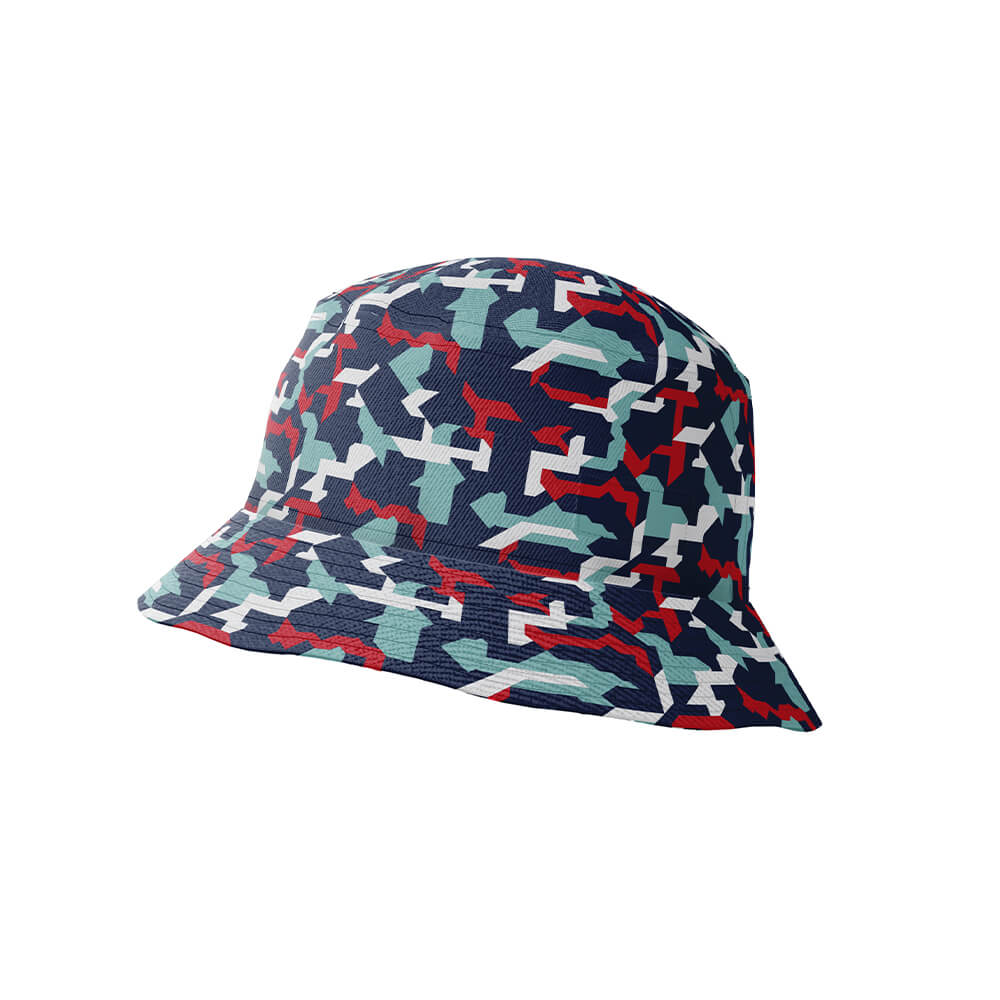 The Combat2Coffee Army Camo Bucket Hat is a lightweight bucket hat with a vibrant camo pattern in blue, white, gray, and red, shown against a plain white background.