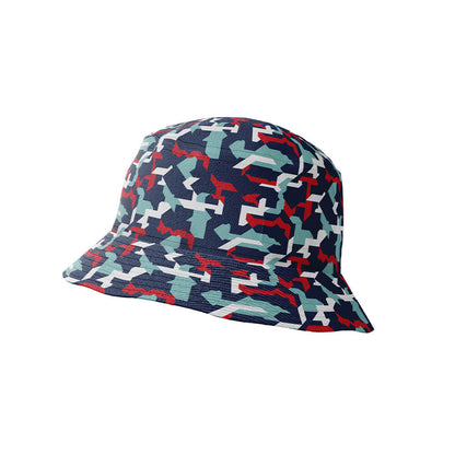 The Combat2Coffee Army Camo Bucket Hat is a lightweight bucket hat with a vibrant camo pattern in blue, white, gray, and red, shown against a plain white background.