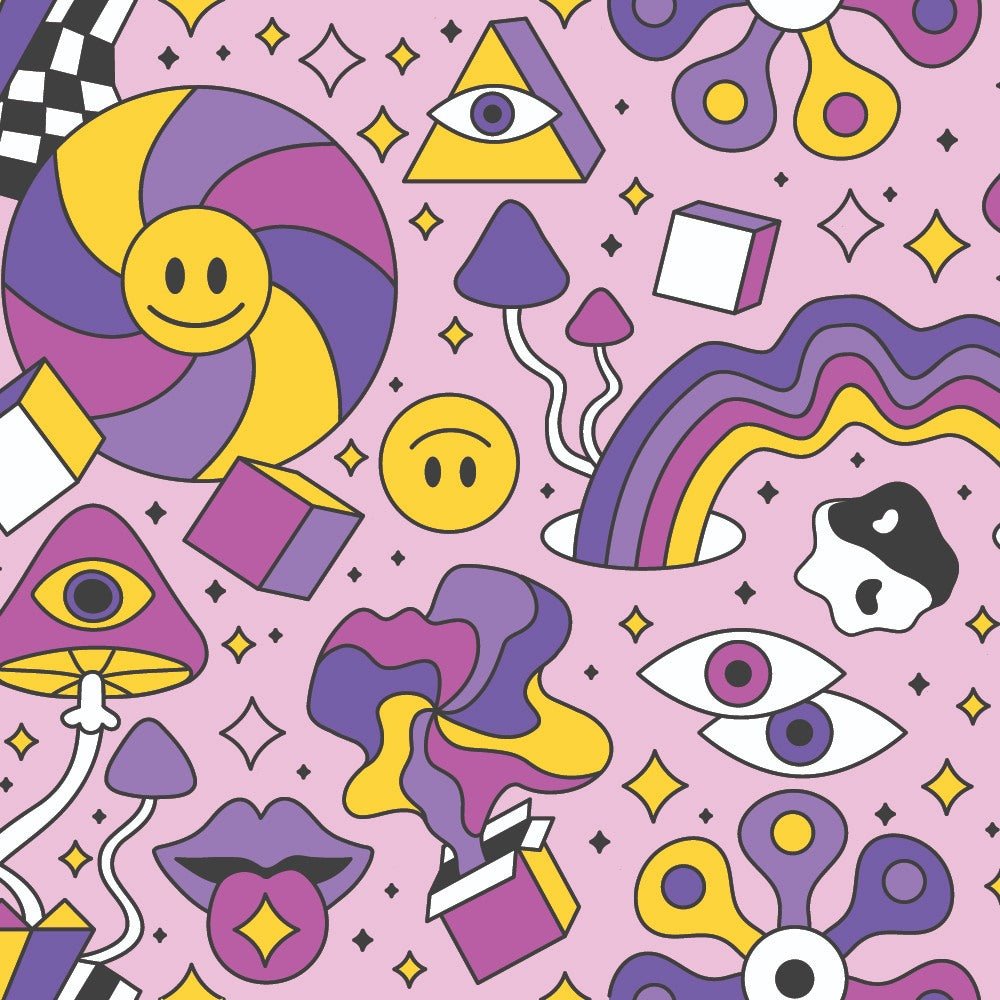 The Hippie Bucket Hat features a colorful psychedelic pattern on a pink background, with smiley faces, swirling candies, mushrooms, rainbows, and checkerboard designs in yellow, purple, white, and black—perfect for festivals!.