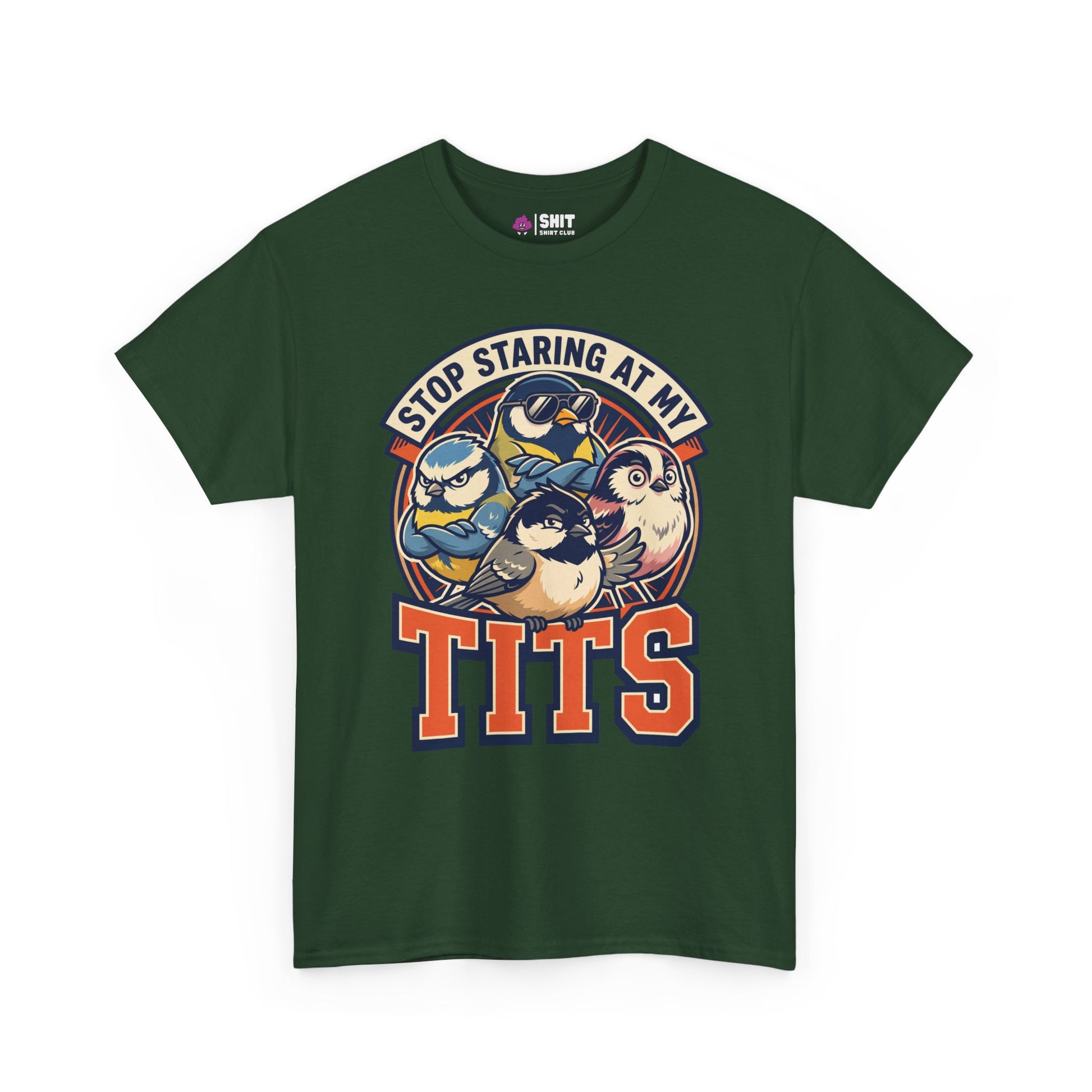 The “Stop Staring at My Tits” Stag Do Tee is a green shirt with three illustrated tit birds and bold text—a hilarious choice for stag dos or the groom that’s bound to get laughs.