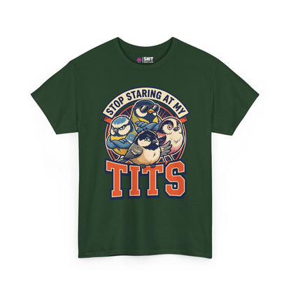 The “Stop Staring at My Tits” Stag Do Tee is a green shirt with three illustrated tit birds and bold text—a hilarious choice for stag dos or the groom that’s bound to get laughs.