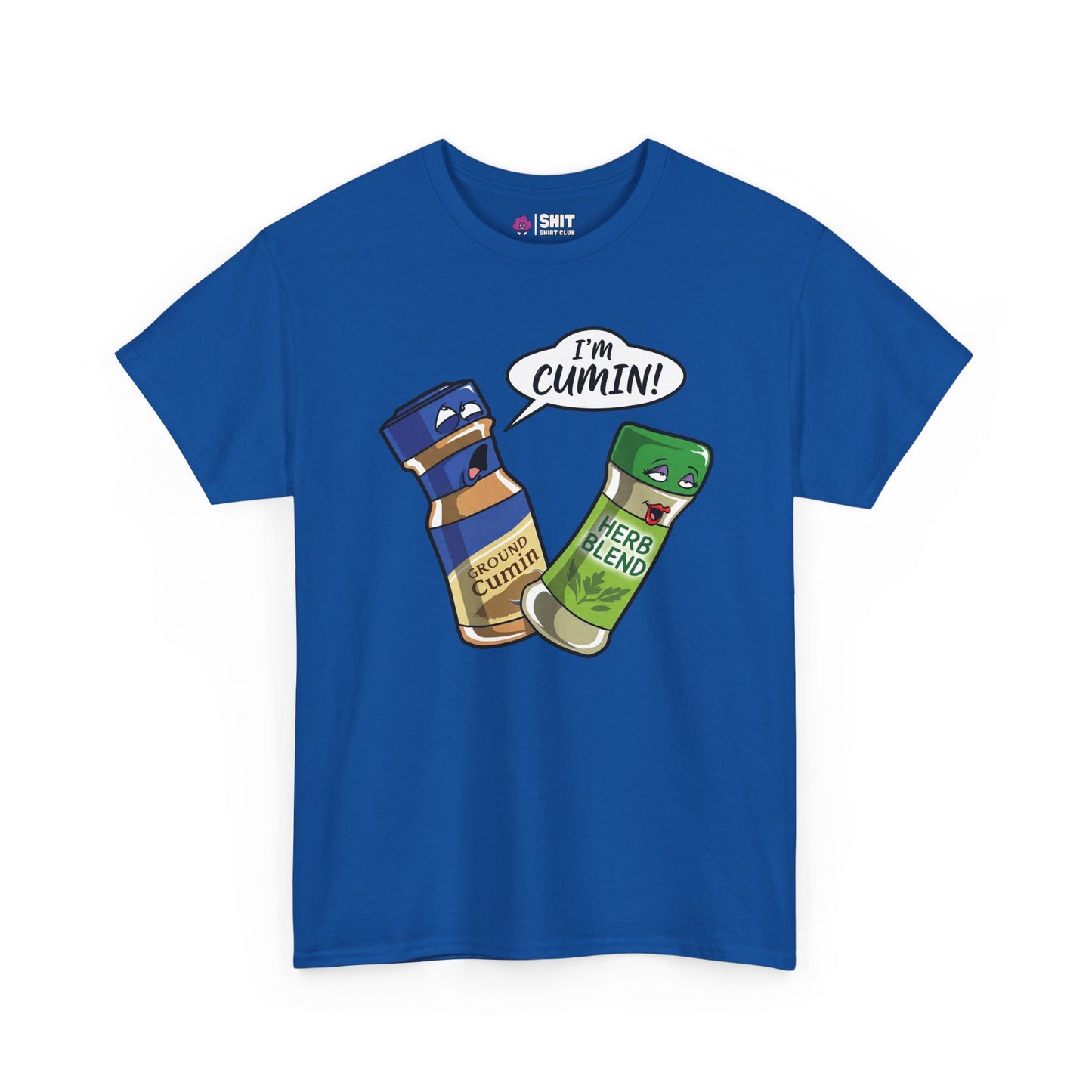 Show your love for puns with the "I’m Cumin!" Stag Do Tee—a blue shirt featuring cartoon spice bottles: Ground Cumin shouting “I’m Cumin!” and Herb Blend smiling. Great as a funny spice joke tee or playful stag do shirt!.