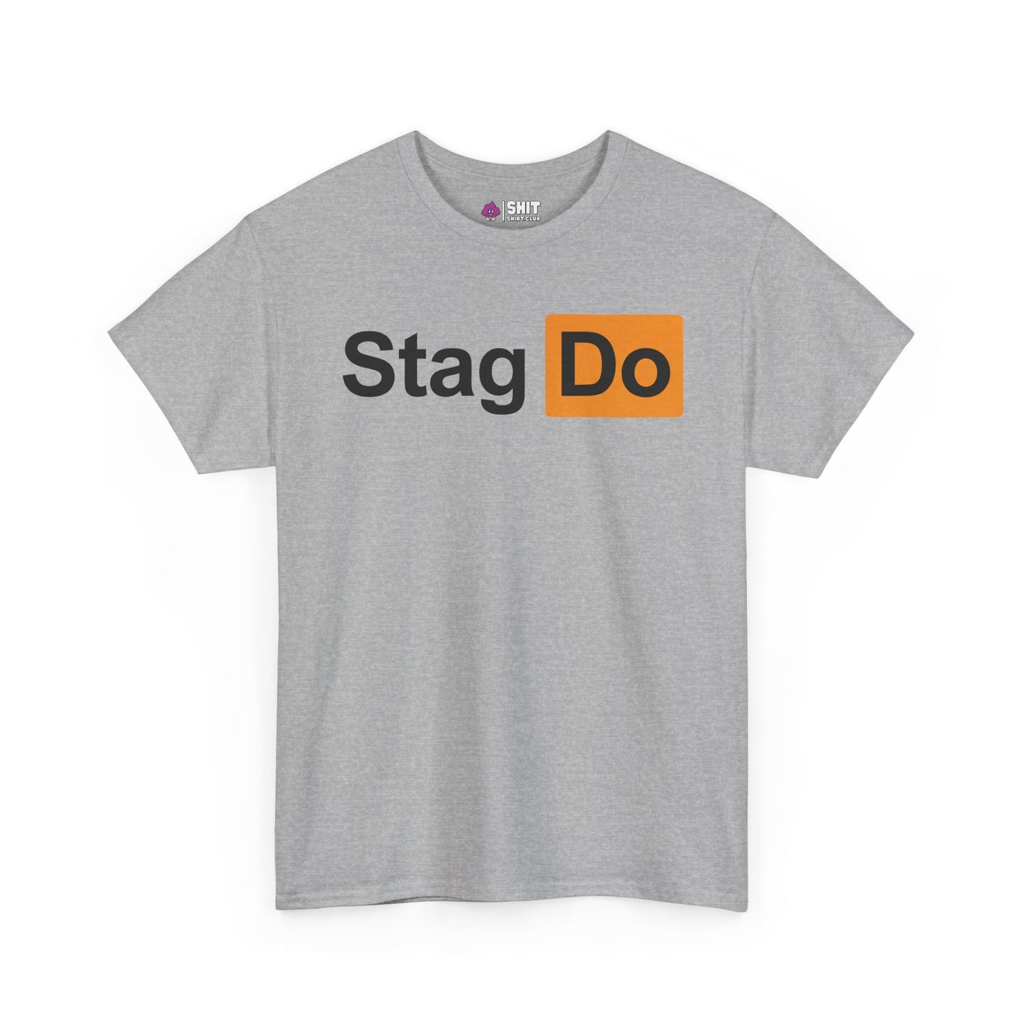The Stag Do PornHub Tee features “Stag” in black and “Do” in white on an orange rectangle, blending Duolingo and PornHub tee styles for a funny stag do shirt—perfect for your next bachelor party.