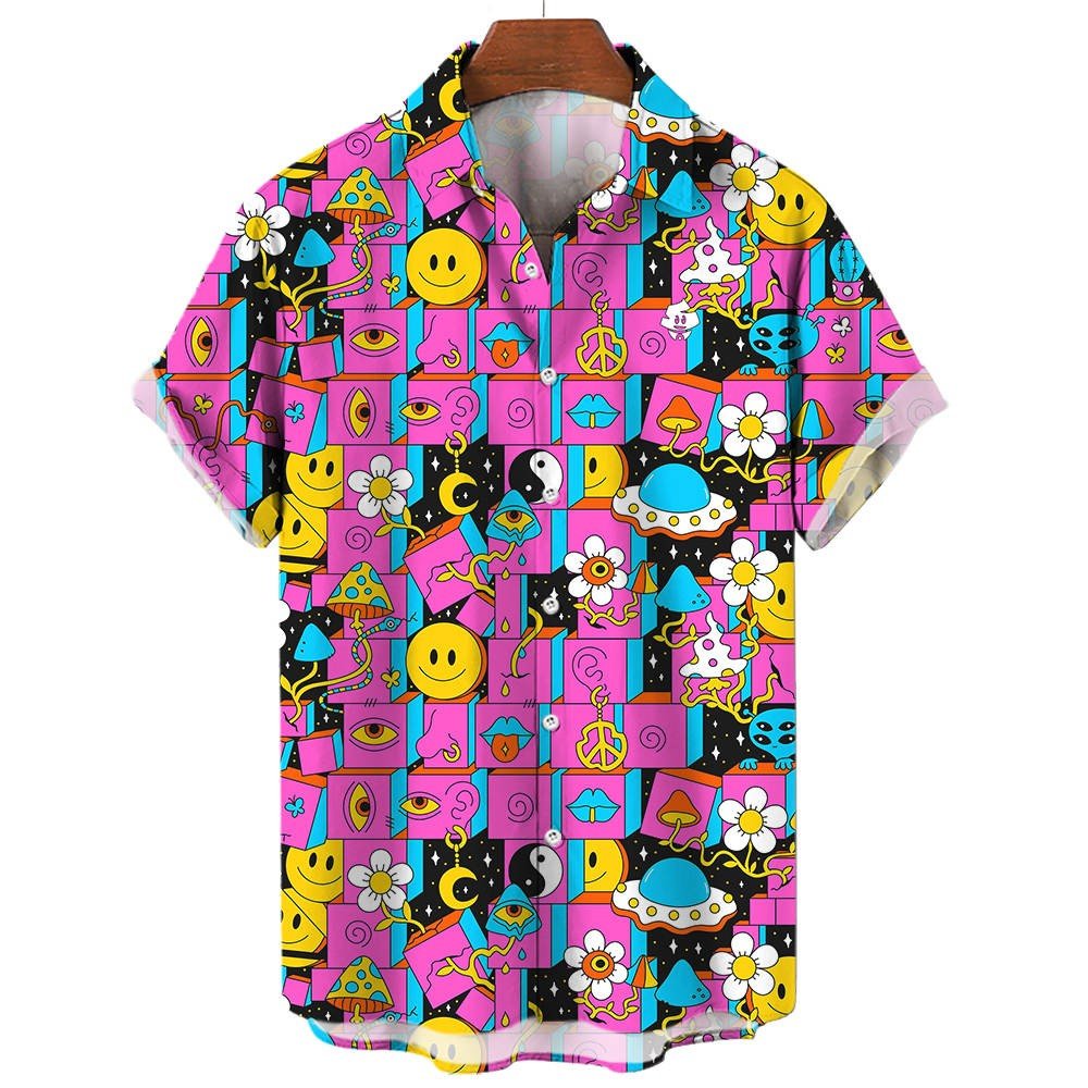 The Trippy Space Shirt is a short-sleeve button-up with a vibrant pattern of smiley faces, peace signs, flowers, pizza slices, mushrooms, stars, yin-yangs, and hearts on a pink and purple checkered background.