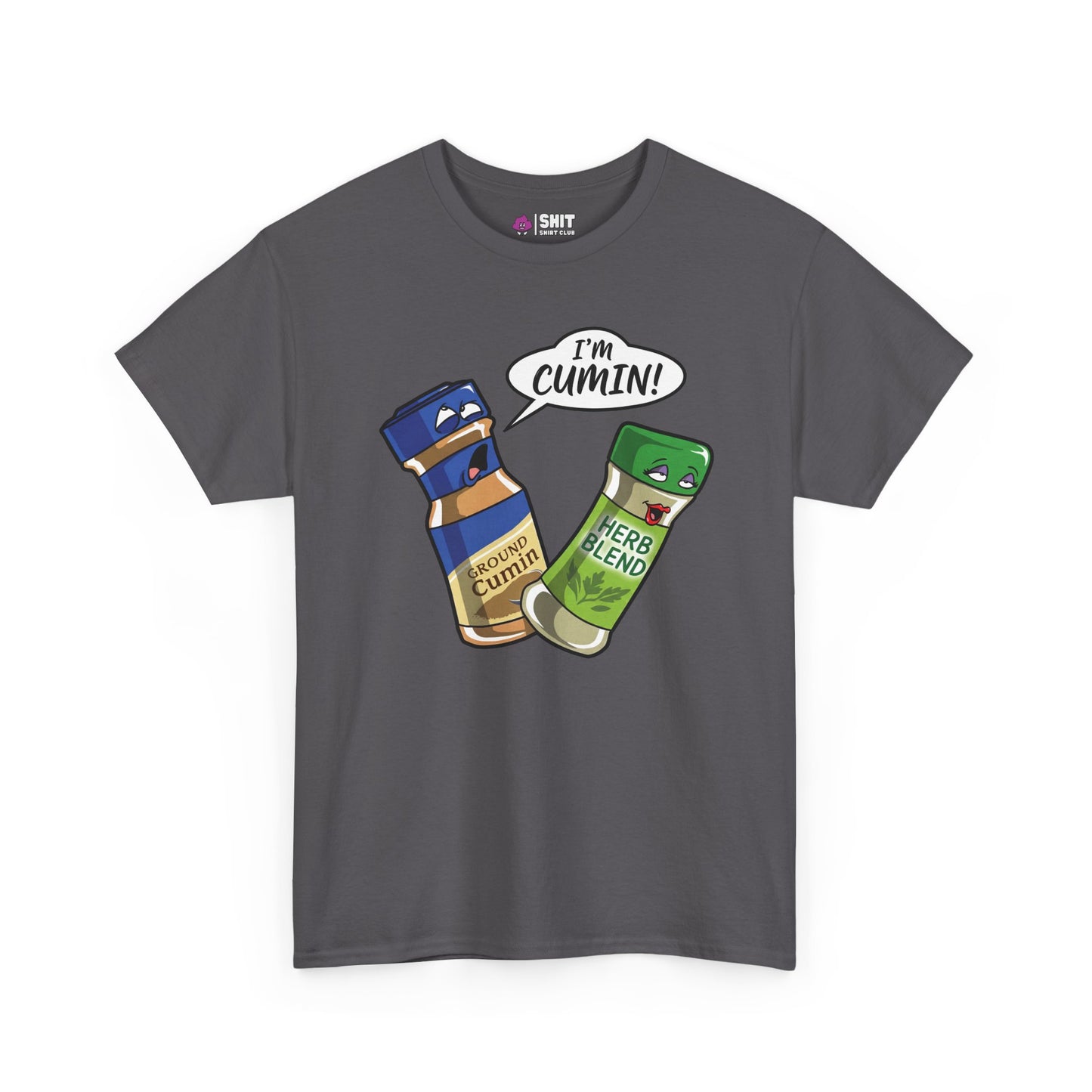 The "I’m Cumin!" Stag Do Tee is a gray shirt with cartoon bottles of ground cumin and herb blend. The cumin bottle says "IM CUMIN!" with a happy face, while the herb blend looks surprised—perfect for stag dos.