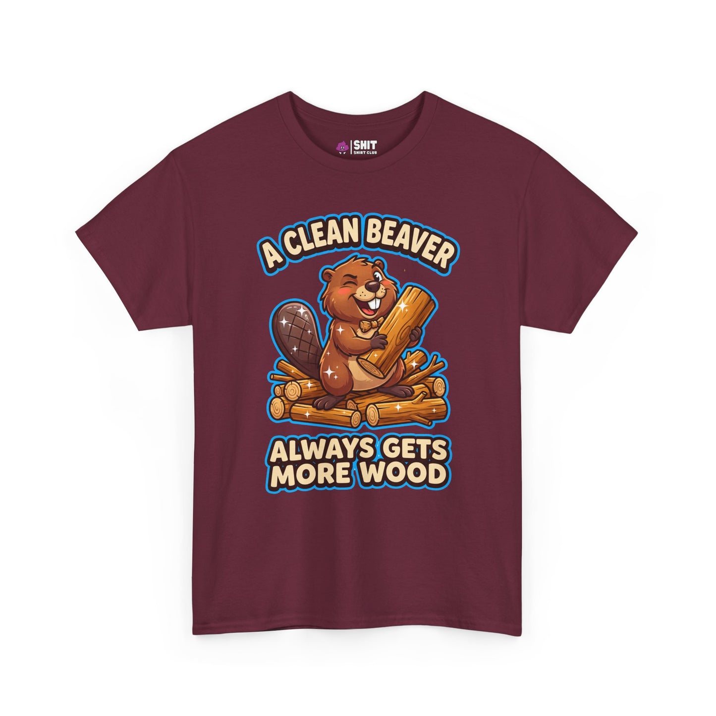 The "A Clean Beaver Always Gets More Wood" Stag Do Tee features a cartoon beaver with playful text—an ideal funny t-shirt choice for stag dos.