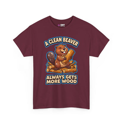 The "A Clean Beaver Always Gets More Wood" Stag Do Tee features a cartoon beaver with playful text—an ideal funny t-shirt choice for stag dos.